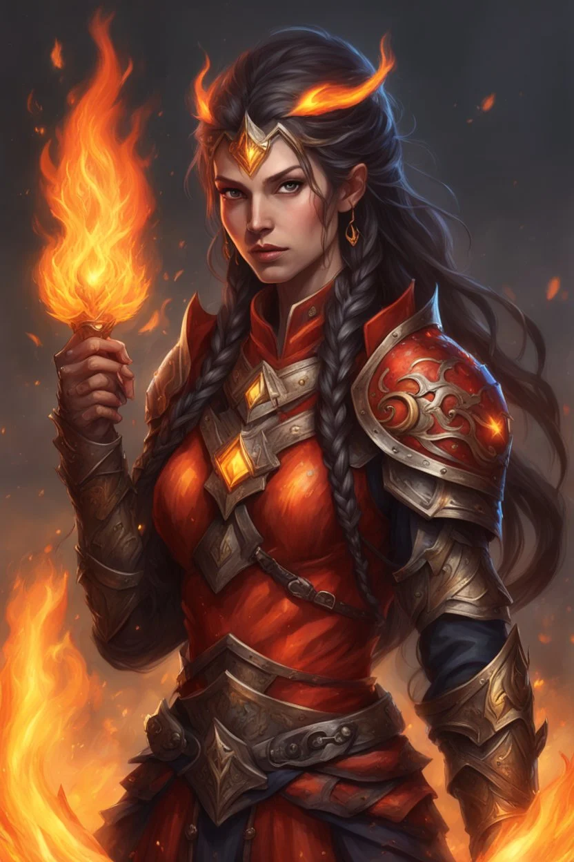 Capture the essence of a formidable female Paladin Druid, seemingly forged from fire, with eyes that gleam brightly, resembling flames themselves. Her long hair, half braided and cascading down, appears ablaze with the fiery magic she commands, flames dancing within its strands. Clad in light, magical armor, she wields the power of fire in her hands, while a significant scar on her face testifies to battles endured. Adorning her hair is a regal crown-like accessory, fashioned from the same myst