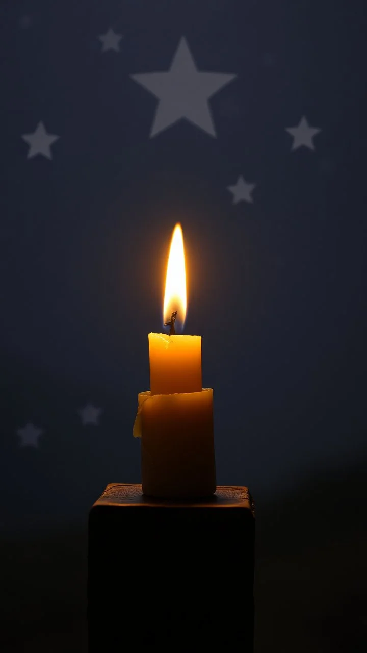 A candle on an old block and a stars in the background