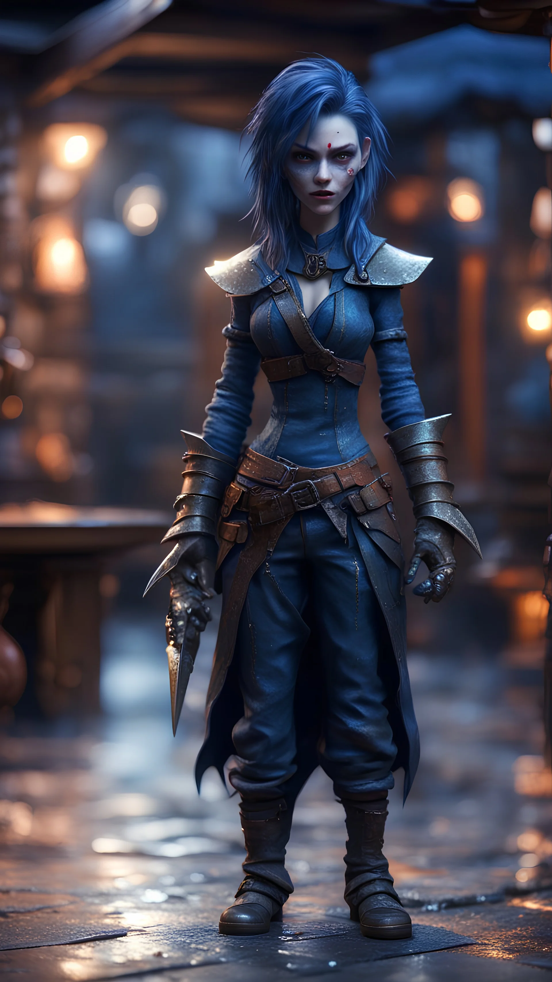 full figure with metallic stone gauntlets holding dark blue jagged dagger, standing on wet tiled floor outside fantasy tavern, focused female South Sudanese vampire gnome from worms armageddon wearing makeup, bokeh like f/0.8, tilt-shift lens 8k, high detail, smooth render, down-light, unreal engine, prize winning