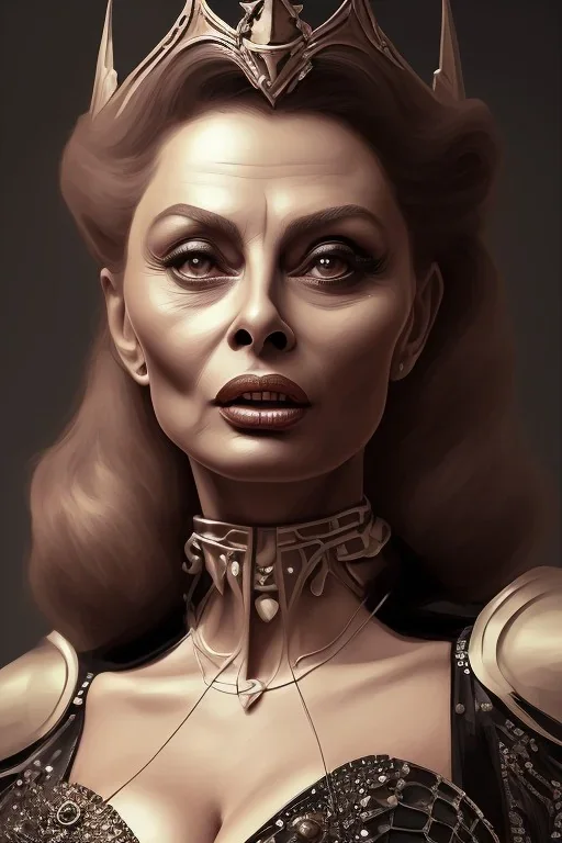 Sophia Loren as evil queen in black leather, cleavage, angry, stern look. character design by cory loftis, fenghua zhong, ryohei hase, ismail inceoglu and ruan jia. unreal engine 5, artistic lighting, highly detailed, photorealistic, fantasy