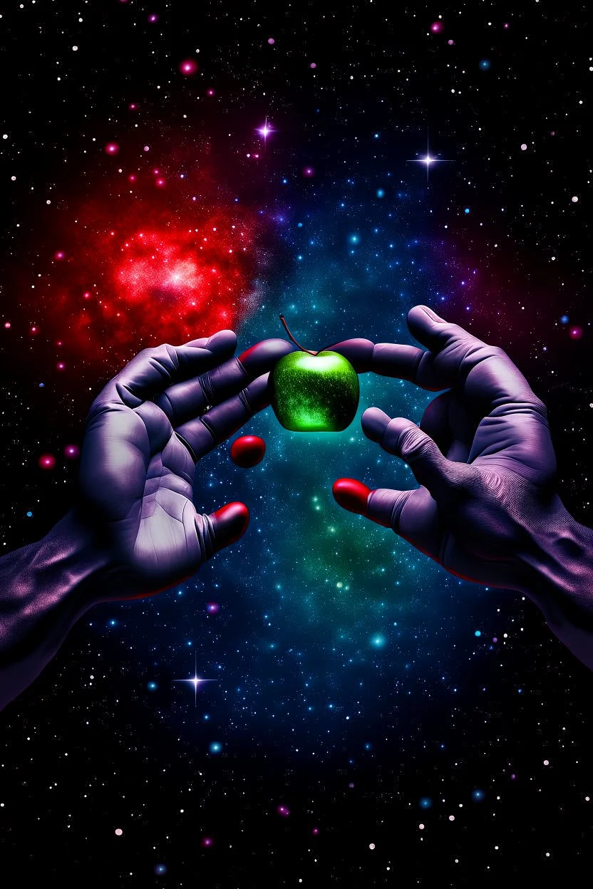 two hands and an apple stars in the galaxy