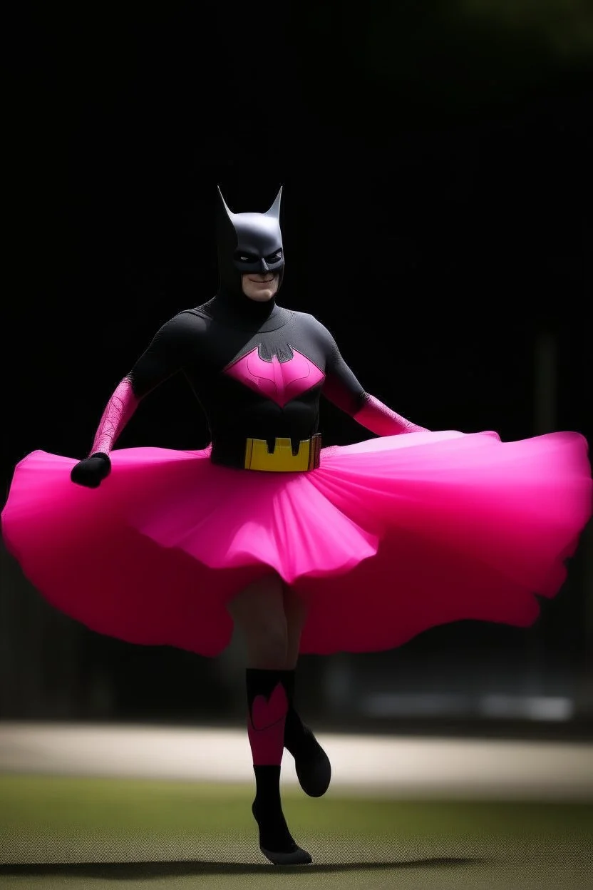 batman adult wearing a bright pink tutu, running away sabana.