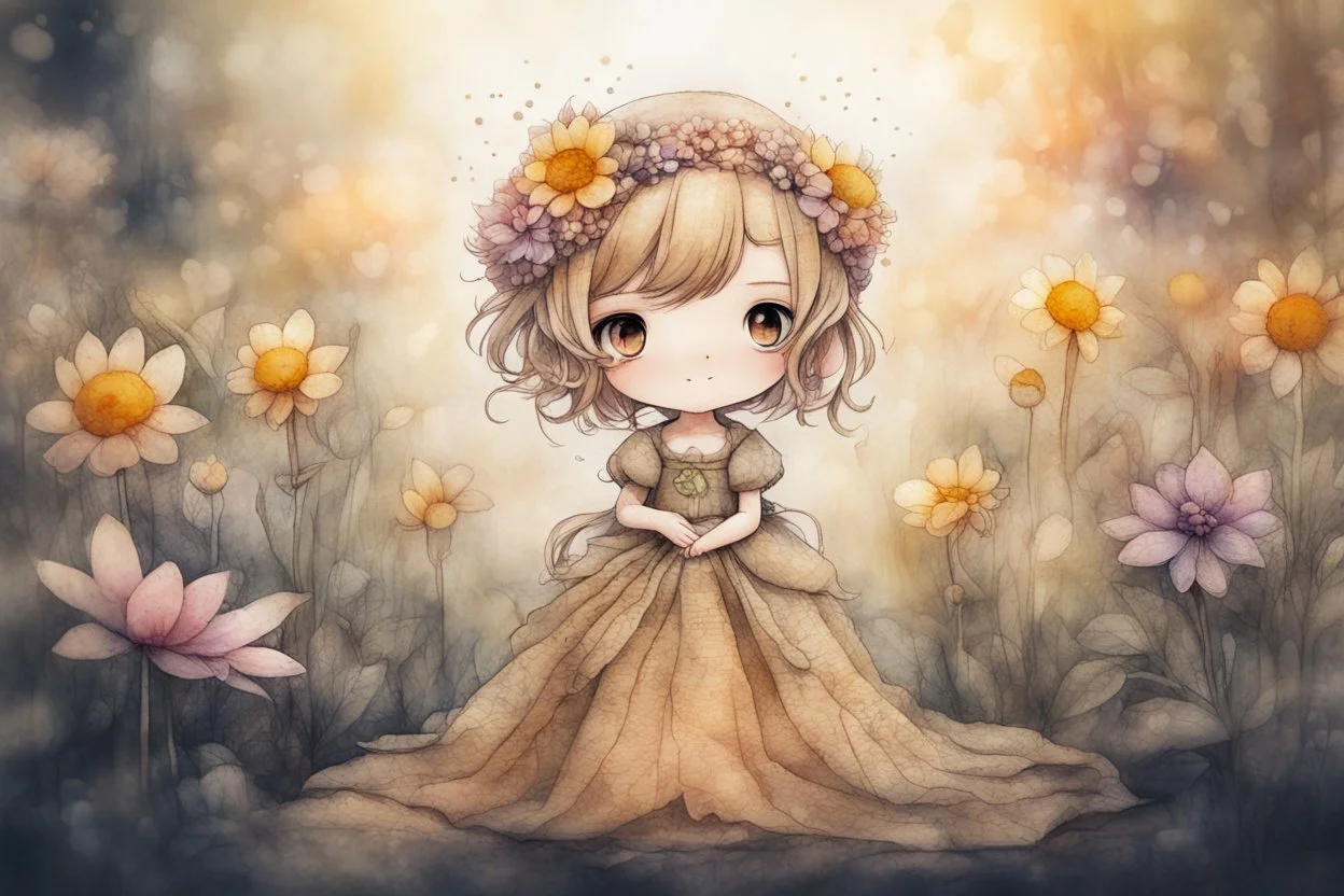 double exposure, merged layers, painted and burned burlap, cute chibi anime flower princess in a flowergarden, melting watercolor and black ink outlines on wet paper, soft, shading strokes, in sunshine, ethereal, otherwordly, cinematic postprocessing, bokeh, dof