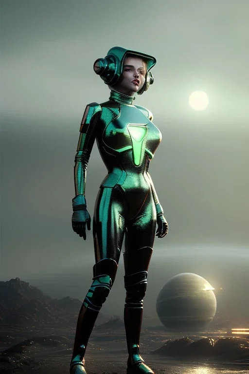 Ultra Realistic retro sci-fi image, portrait, blonde woman, sweet young Marilyn Monroe face, perfect iris, tight latex coat, Strange planet background, Retro sci-fi style helmet, fog, rain, soft color, highly detailed, unreal engine 5, ray tracing, RTX, lumen lighting, ultra detail, volumetric lighting, 3d, finely drawn, high definition, high resolution.