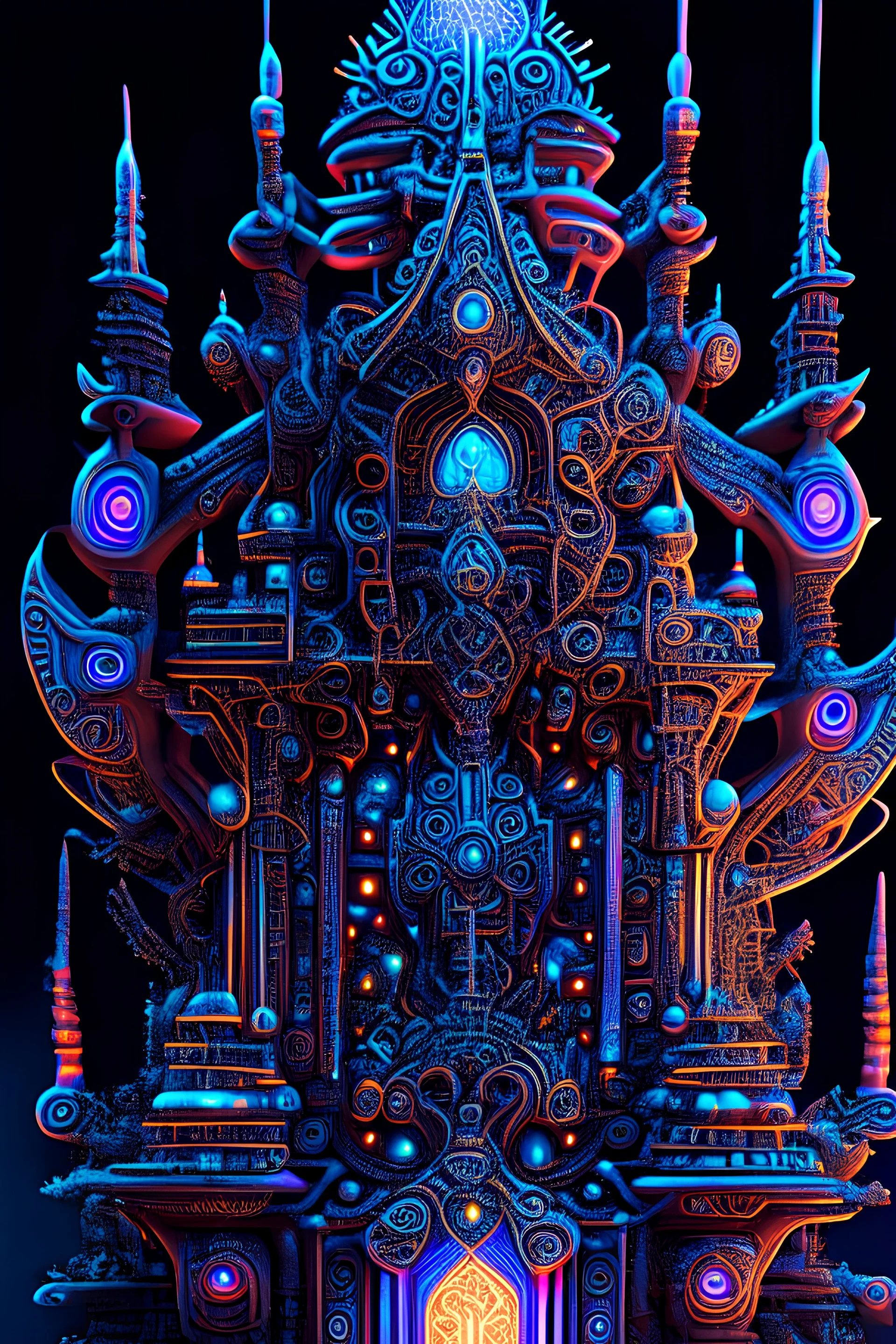 Expressively detailed and intricate 3d rendering of a hyperrealistic “neon ancient temple”: front view, shinning neon, tribalism, gothic, shamanism, cosmic fractals, dystopian, dendritic, stylized fantasy art by Kris Kuksi, mati klarwein, artstation: award-winning: professional portrait: atmospheric: commanding: fantastical: clarity: 16k: ultra quality: striking: brilliance: stunning colors: amazing depth: masterfully crafted.