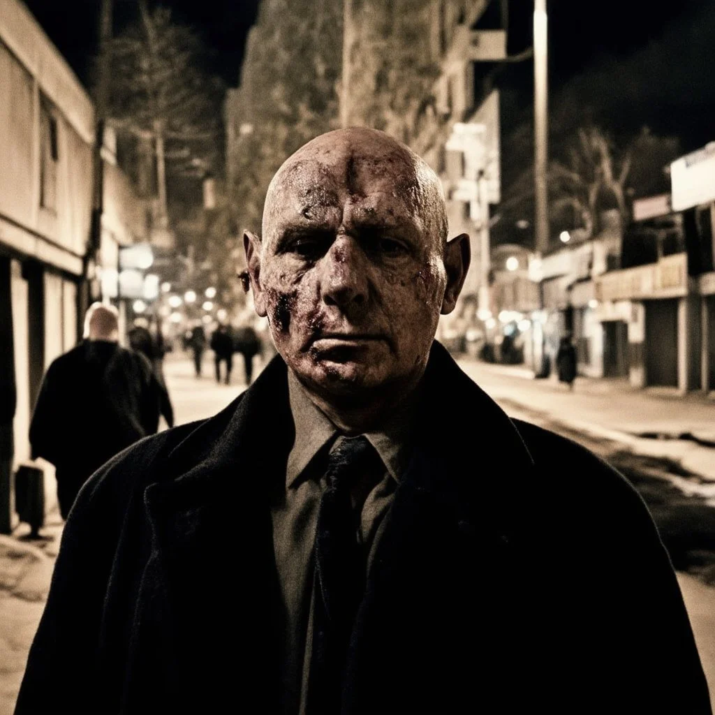 very grainy discolored photo, portrait, dark night street, grunge, 2000s Russia, punk, outcast, rough, confident, bald older male wearing a coat, extremely pale skin, large flesh bulbs grow out of his face and covering a lot of it, face is disproportionally deformed, hunchback, sewer dweller