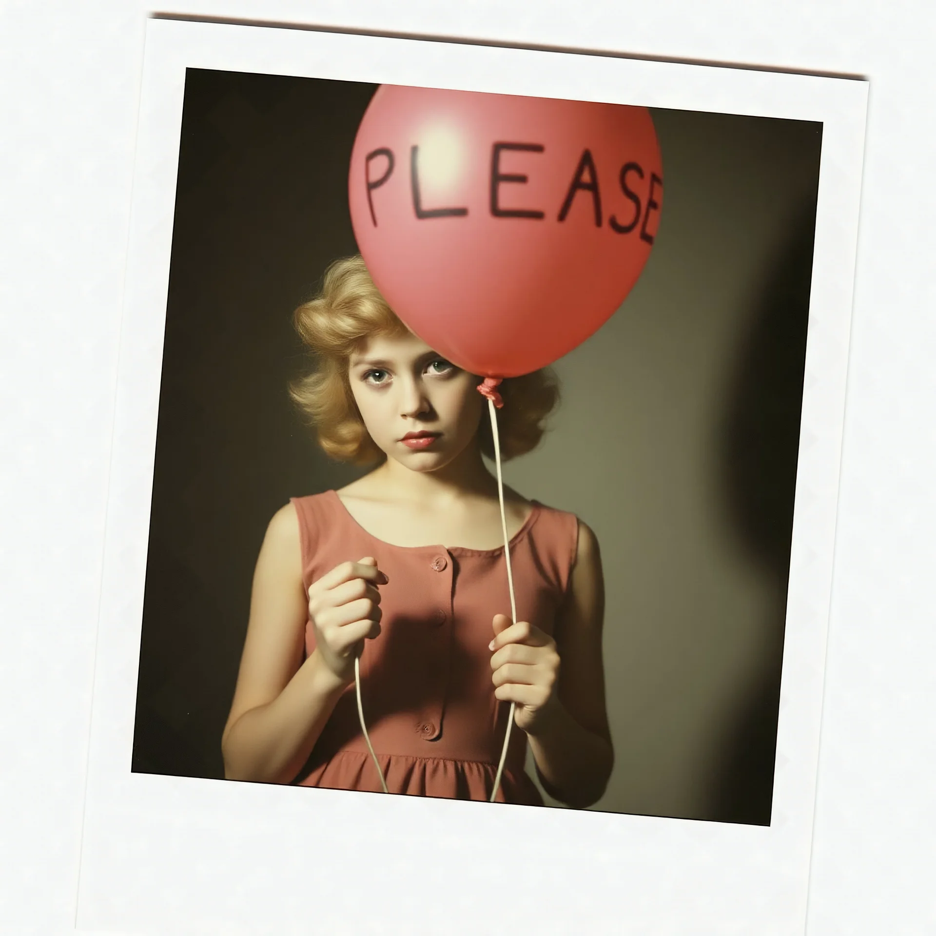 a young sad marilyn monroe holding a balloon where is it written "PLEASE", surreal, liminal atmosphere, polaroid