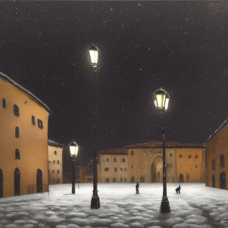 Old oil painting of a very dark square in Florence in a stormy night. A cathedral dome in the background. A streetlight. Snow is covering the pavement. A black cat is sitting in the snow.