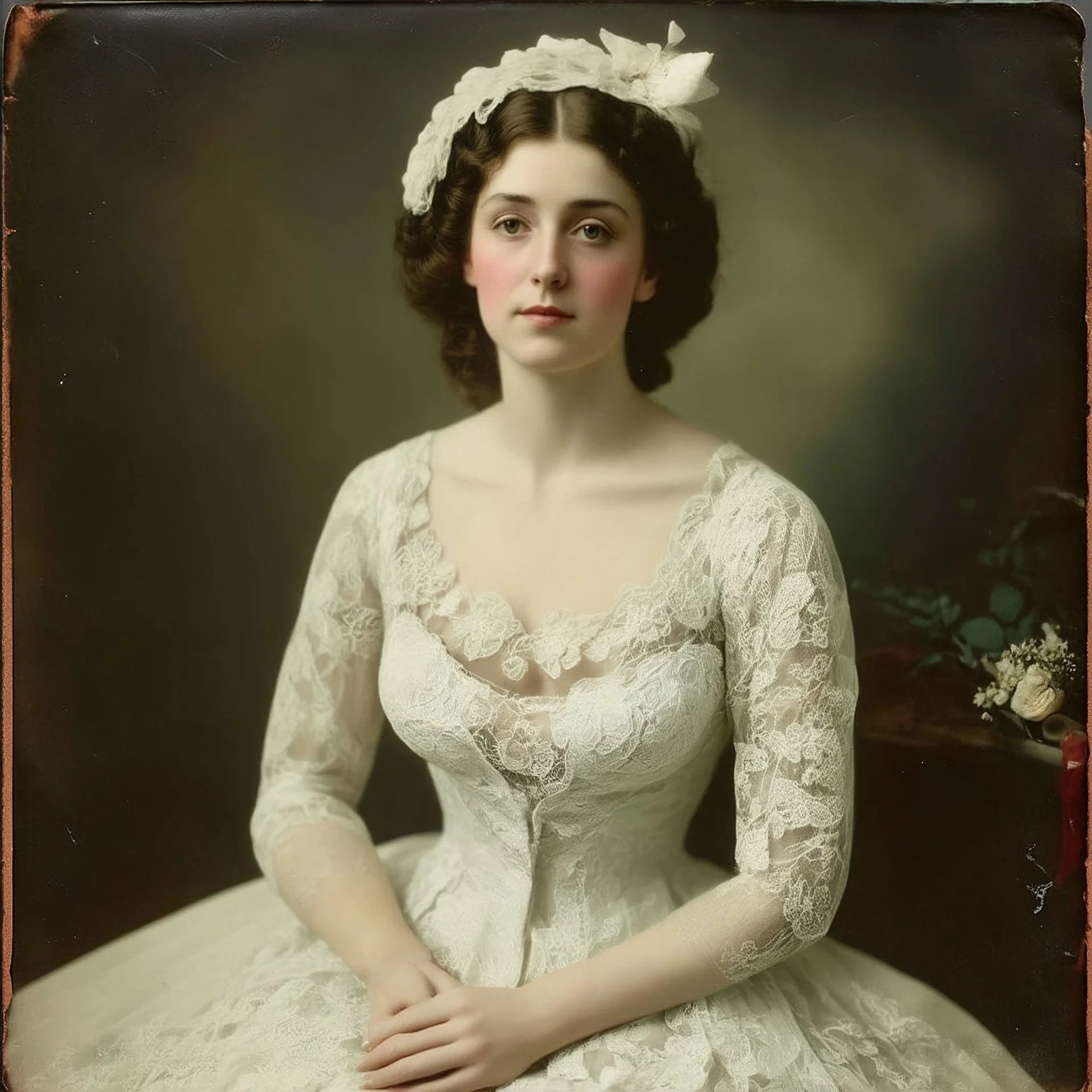 Old Autochrome photo of French courtisane Liane de Pougy, lace, 1890