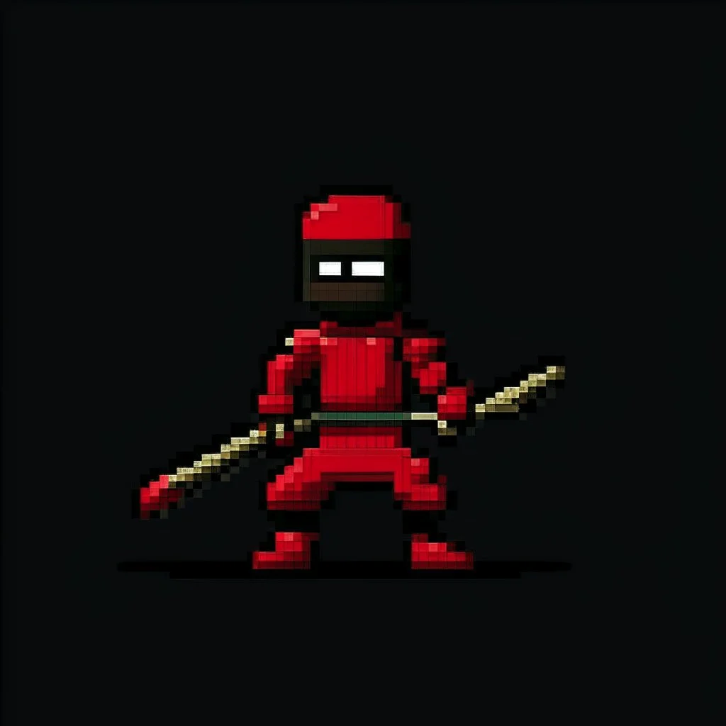 a pixel art-style simple 32-bit Ninja with a red outfit