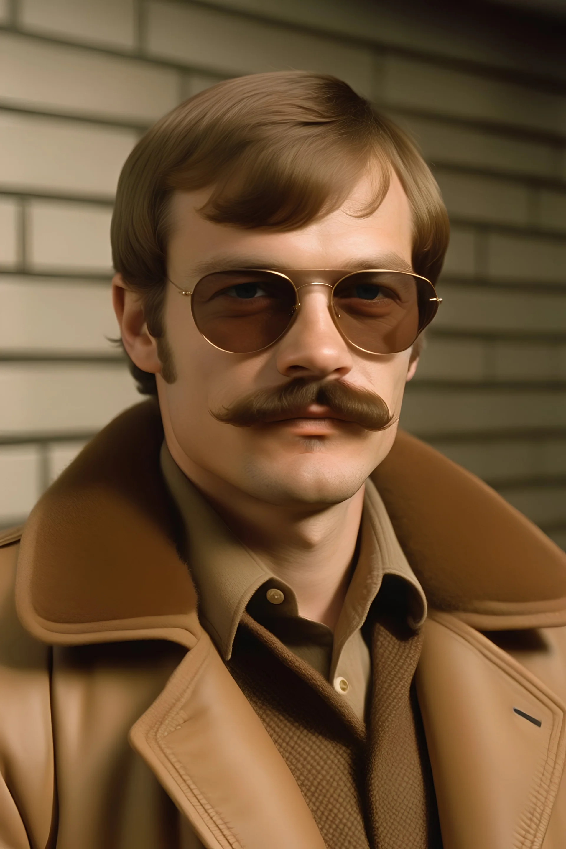 Jeffrey Dahmer in a brown coat with a mustache and sunglasses