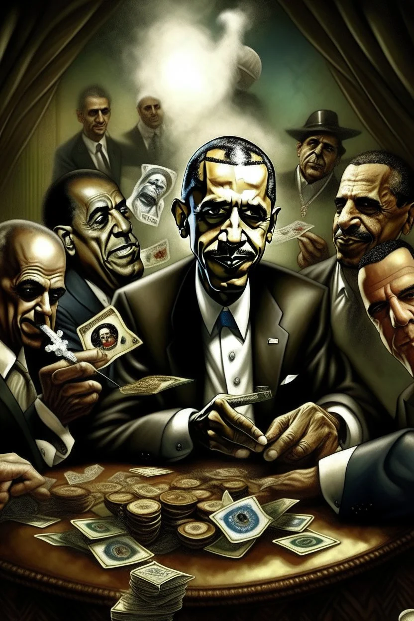 Obama and some friends smoking and playing cards, davinci. Surreal. Agony face, smile, pain scream. Fish eye lense camera. Perfect composition.