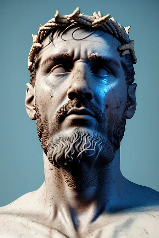 Ultra Realistic image, Roman sculpture, white luxury marble material, Lionel Messi, gold crown of natural thorns, god crown, Renaissance style, sun rays background, waist up portrait, epic, celestial, cinematic lighting, God lights, 4k resolution, smooth details, soft lighting, unreal engine 5, art station, substance 3d.