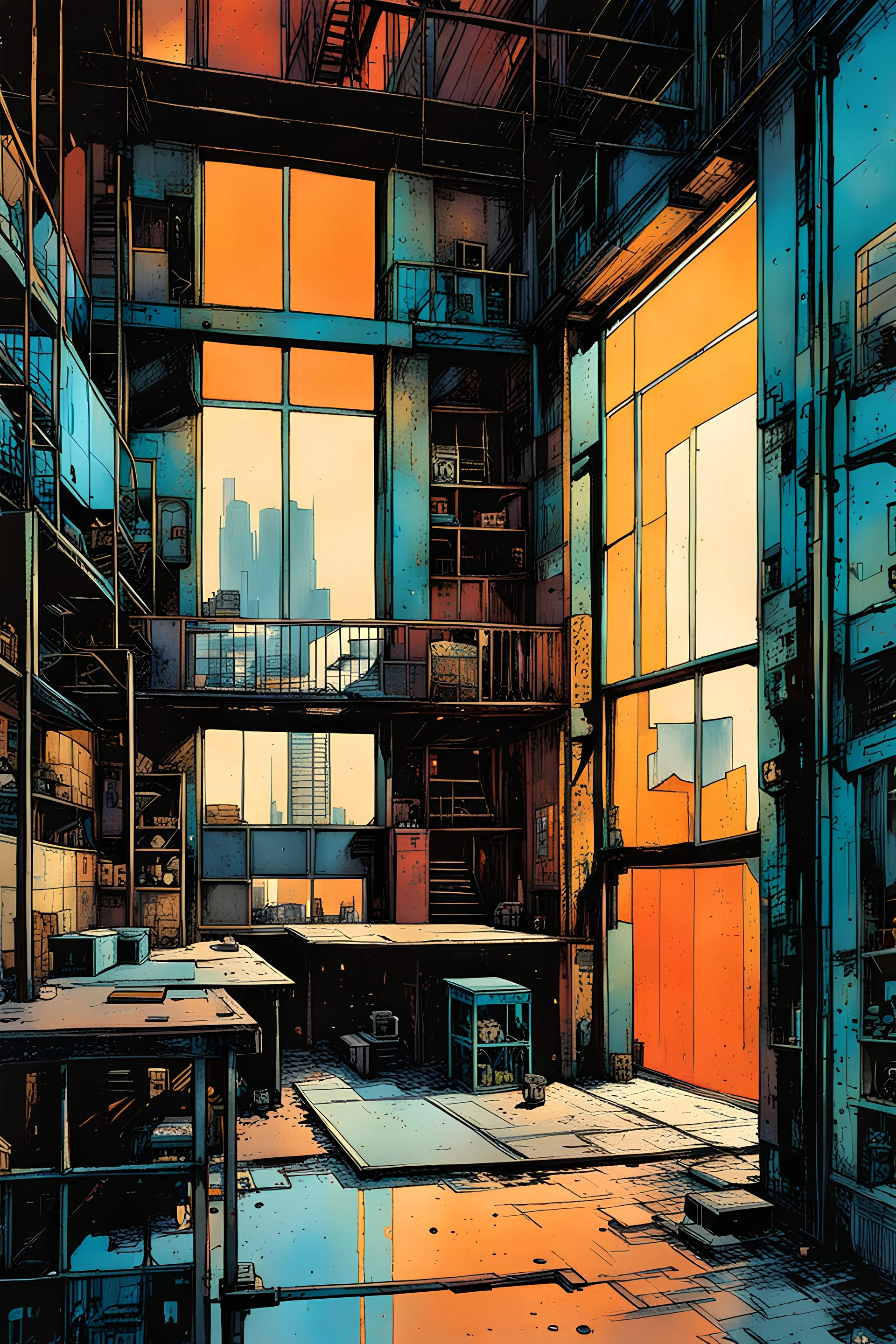 create a wildly abstract illustration of a highly detailed gritty and rusted Victorian industrial warehouse artist's loft apartment in the comic book art style of Bill Sienkiewicz, and Jean Giraud Moebius, finely textured, drawn, colored, and inked