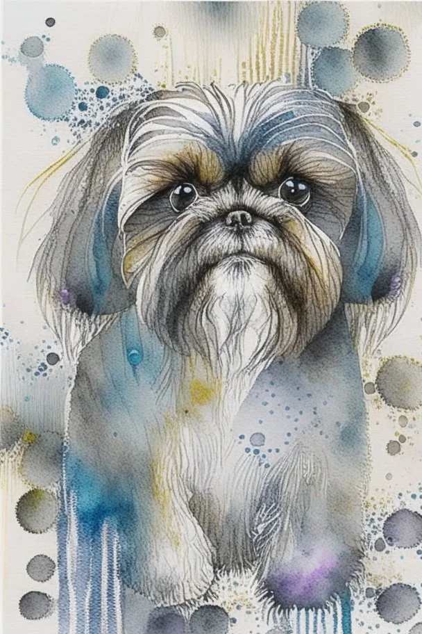 Abstract wet watercolour of a Shih tzu ink lines, interlinked circles,detailed focus on eyes