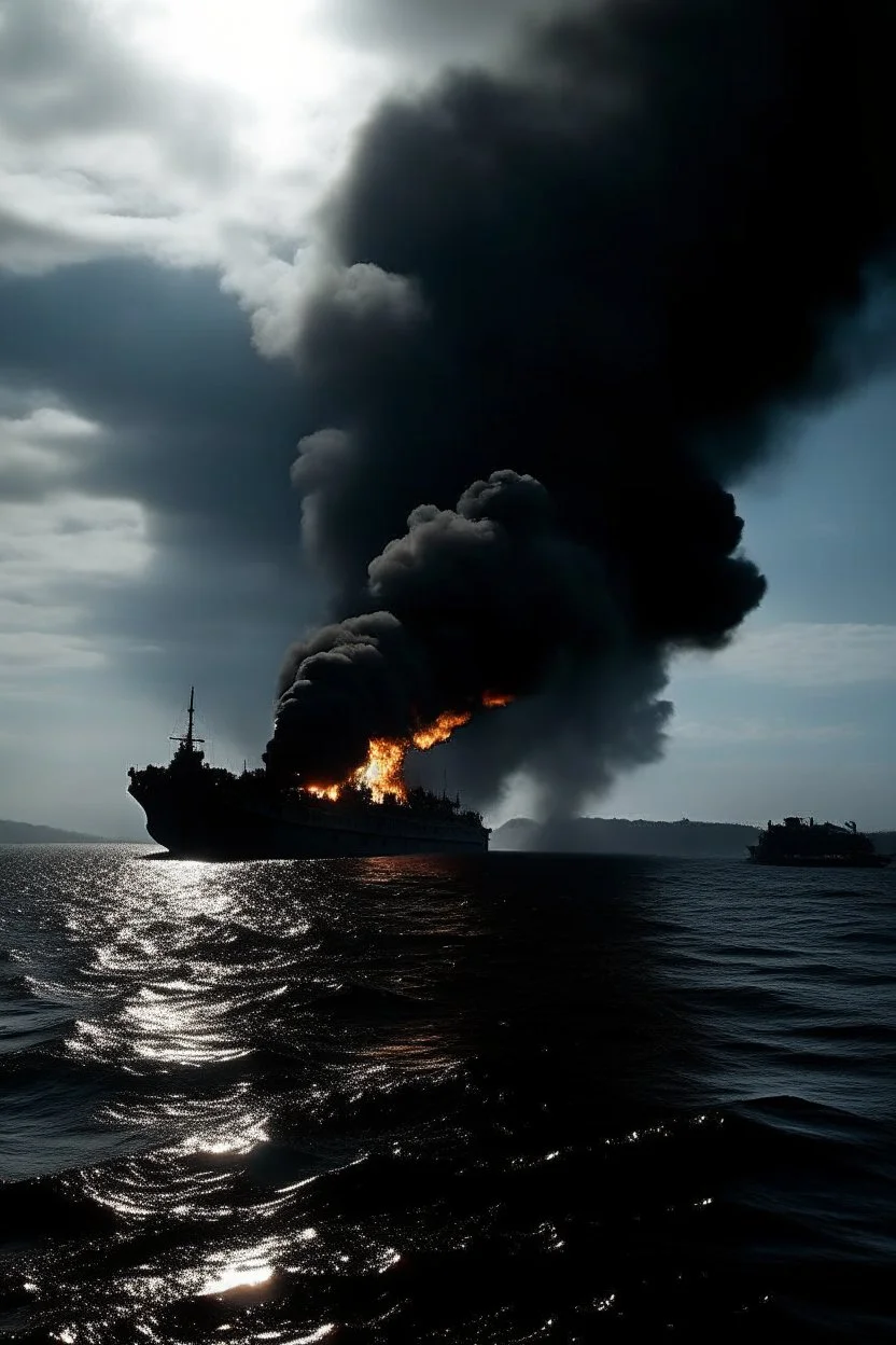 A black ship at sea, and in the distance an island in which an explosion occurred.