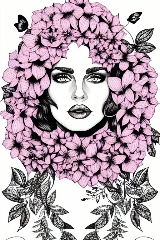 hyper detailed, black and white, thick line, coloring book illustration, lineart, stunningly beautiful woman in flowers