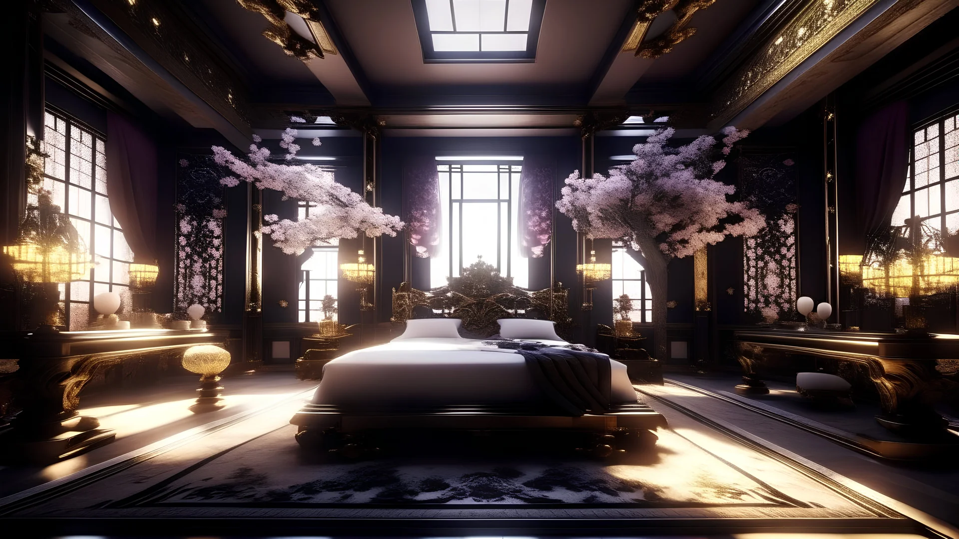 very huge wide luxury bedroom, very huge bed, Detailed. Rendered in Unity. chinese elements. Black, white and gold lighting. Holograms. add a sakura tree into the room. wuxia style, red curtain, many gun, cheery blossom, fantasy, gold cloud pattern, onsen in house, tech hologram, gold dragon statues, transparent fabric, purple dark bedroom, sofa, huge gold dragon statue, teal fabric, white fabric