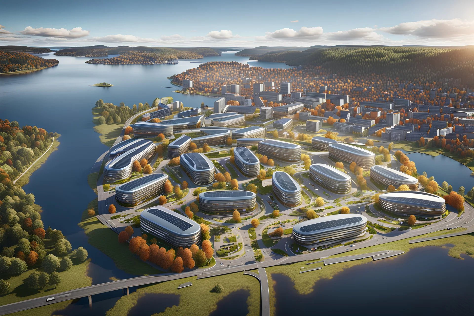 aerial view of future Sarpsborg town urban area in Norway after building and evolving into the year 2100 :: 8K, 3D, Octane Render, VRay, Unreal Engine 5, Hyperdetailed, intricate, HDR, extremely realistic evolution of future architecture, photorealism, colourful, blue sky over a clean environment, award winning, crisp quality, masterpiece, fantastic view, digital art, airbrush art, ink drawing, sharp focus, high contrast, depth of field