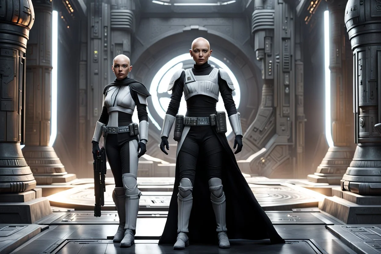 a bold and heroic bald Corellian pilot in black and grey First Order special forces gear meets a female Jedi Master in ancient, mystical temple, hyperdetailed, dynamic lighting, hyperdetailed background, 8k resolution, volumetric lighting, light skin, fully symmetric details