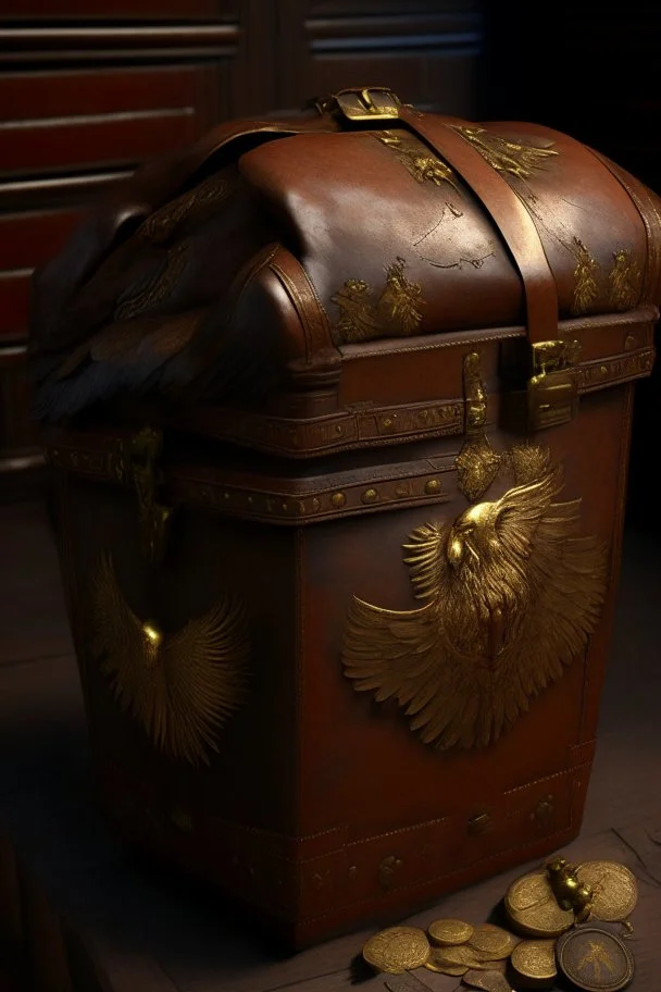 in the BASEMENT there is an old, broken brown oblong leather chest with short handles, with a hole on the side, gold coins from the time of Catherine the Great fall out of it. The ancient coat of arms of tsarist Russia, the double-headed eagle, is BARELY VISIBLE on the bag. All in high quality 8K