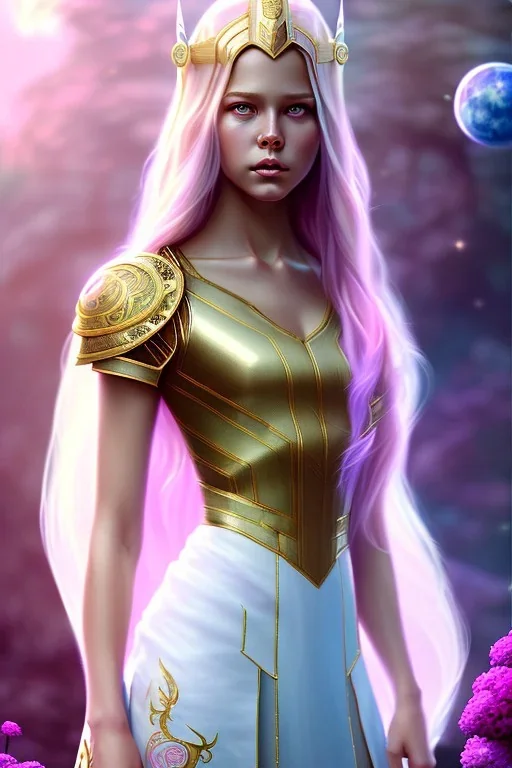 kristina pimenova as nature magic celestial, long middle blond hair, pink and white, transparent cloth, space, d&d, shiny background, intricate, elegant, highly detailed, digital painting, artstation, concept art, smooth, sharp focus, illustration, artgerm, bouguereau