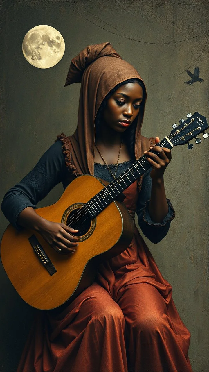 Hieronymus Bosch style , an black women playing the acoustic guitar