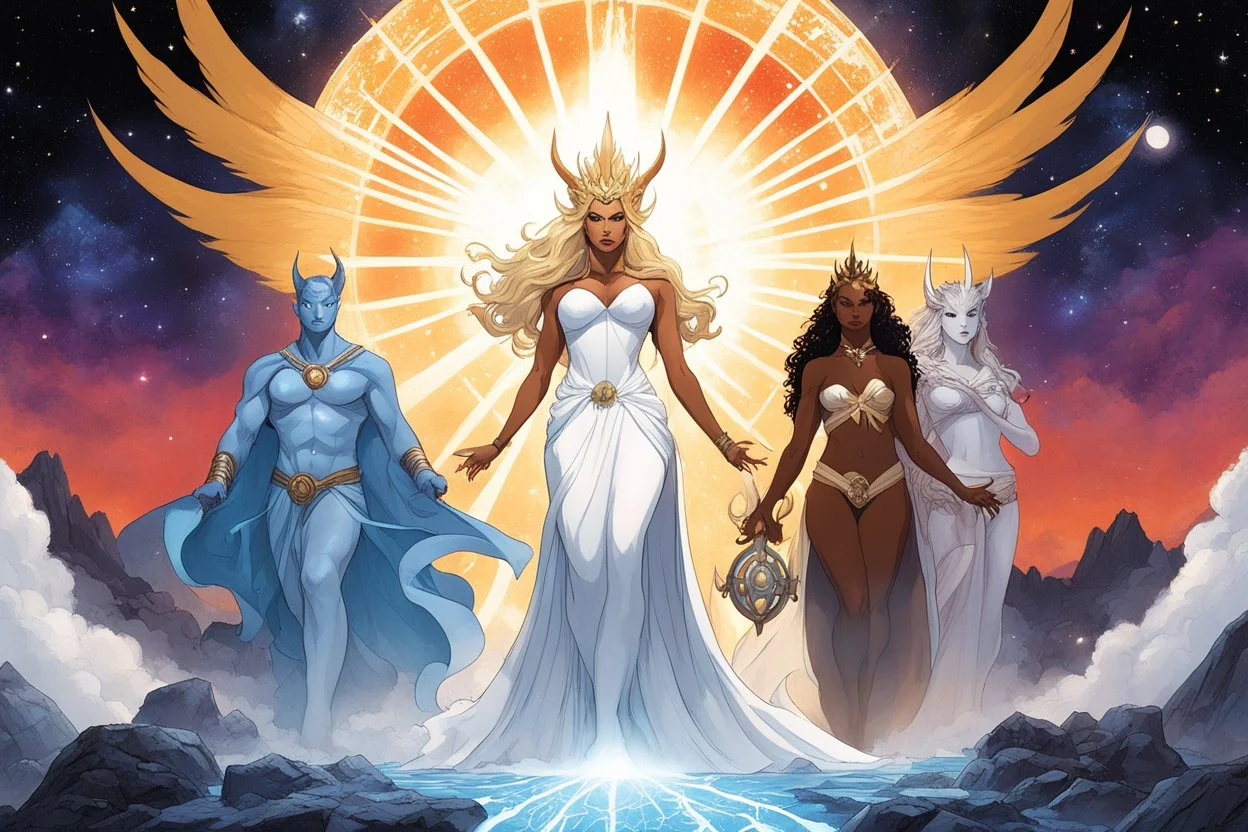 [art by steve prescott] A cosmic heroic fantasy tableau in the style of American Gods at a galactic scale: multiple deities standing in a fractured divine realm. In the center, Lov, a newborn blonde goddess of lust and raw power, radiant and dangerous, glowing with instinctive energy. Nearby, the White Witch, a pale blonde former goddess of healing and peace, serene yet subtly corrupted, her light dimmed by influence. In the background, hints of absence: abandoned divine forges for Rip,