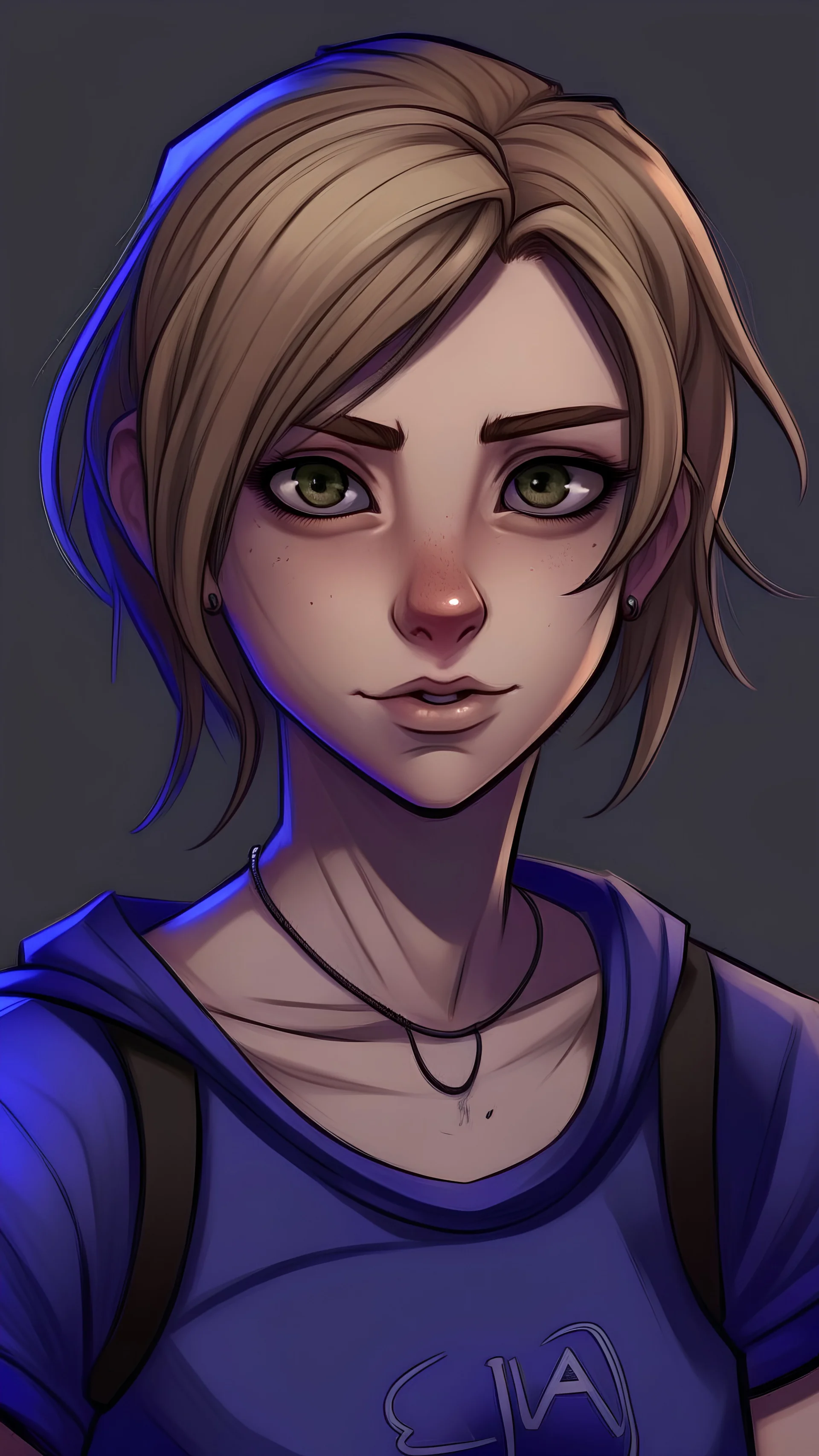 Realistic anime art style. Her eyes are marked with black eyeliner. Her lips are painted with matte black lipstick. She has olive skin and blue eyes, and her ear-length dirty blonde hair is drawn back in a ponytail. She is wearing a casual purple t-shirt, baggy blue jeans, and navy blue sneakers