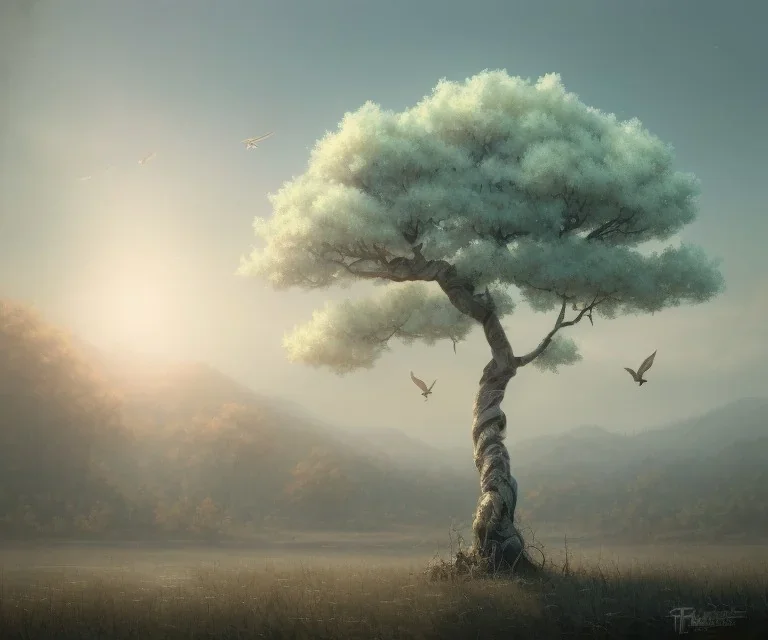 a beautiful digital painting of a marble tree entertwined in tumutluous clouds, intricate white branches and birds flying in the sunlight, blue sky at sunset, elegant, highly detailed, artstation, concept art, matte, sharp focus, art by tom bagshaw, kelogsloops and greg rutkowski