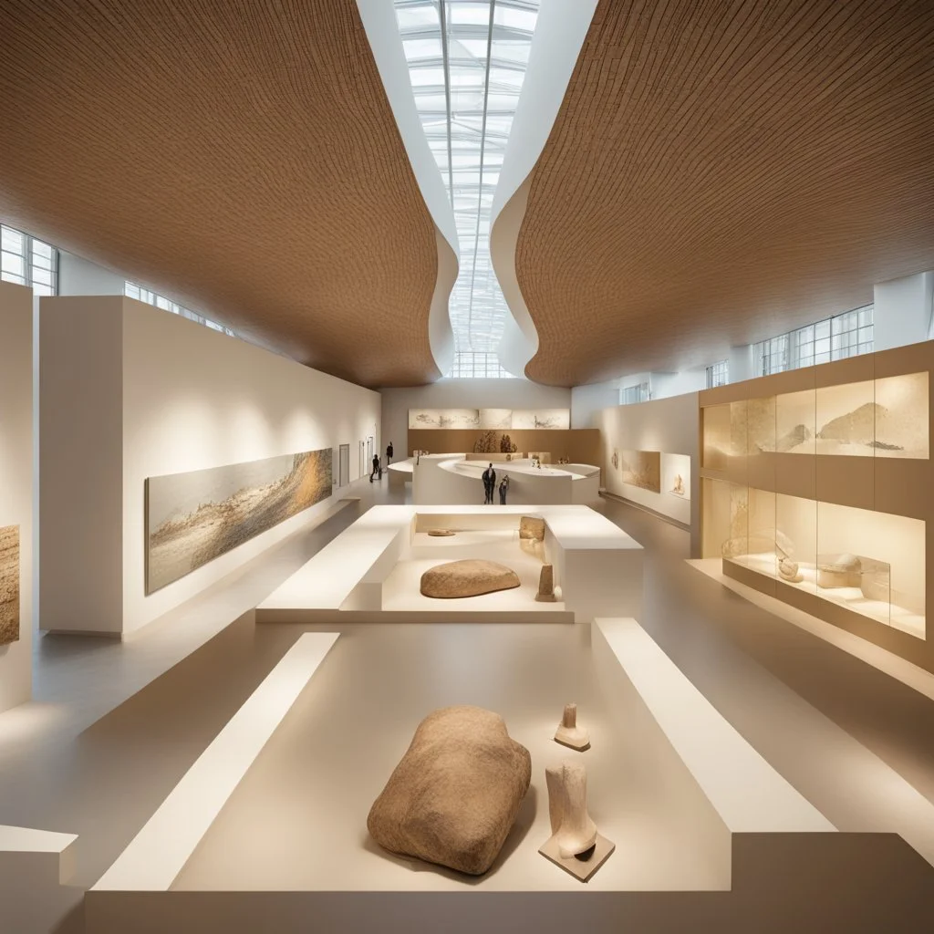 Museum design with “interactive exhibition halls”, natural lighting, modern style, earthy colours