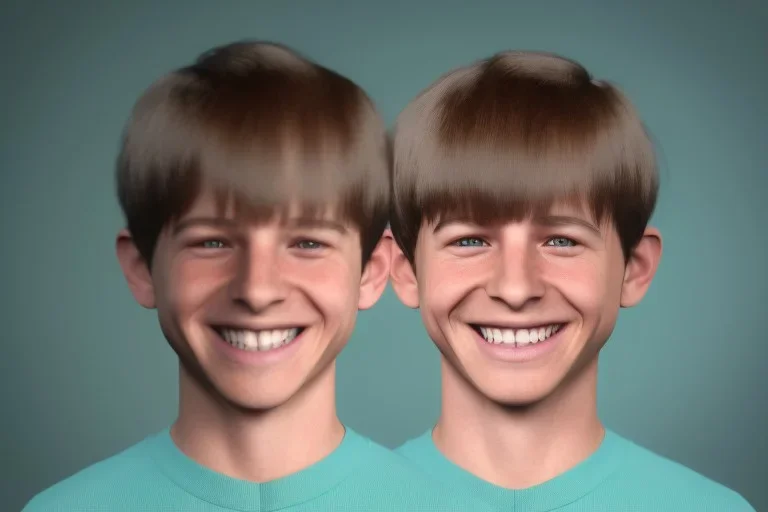 Photo of a bUck-toothed boy with a Huge grin and Bowlcut, closed eyes