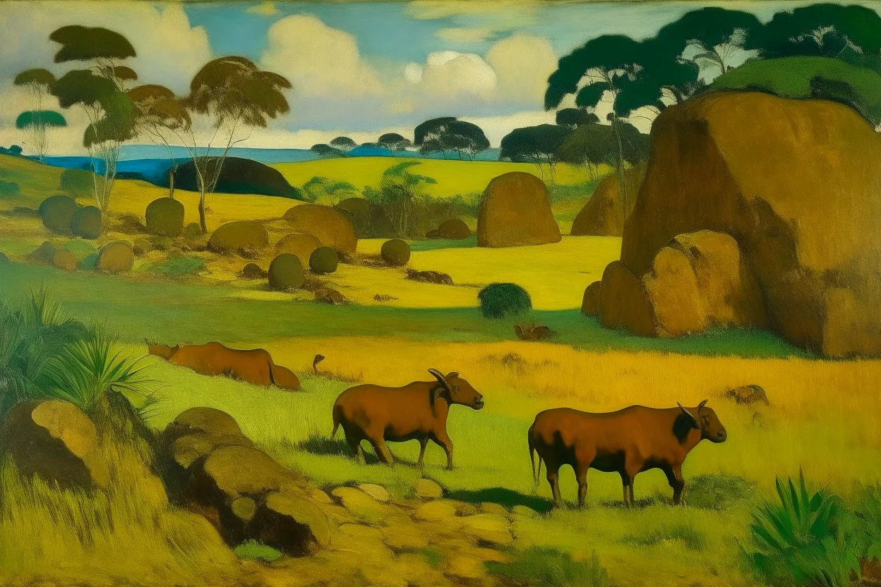 A savanna with block shaped rocks painted by Paul Gauguin