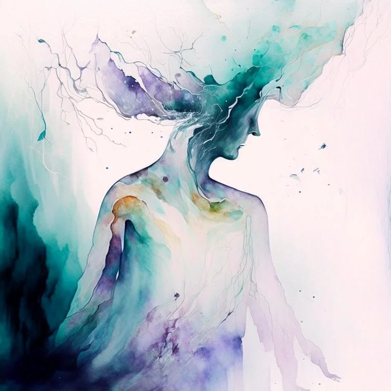 A watercolour painting, An artwork where the person's body appears to dissolve into the surrounding environment of their dreams. As they lose themselves in their imagination, their physical form begins to fade, representing the challenge of maintaining a clear sense of self amidst the immersive world of their mind.