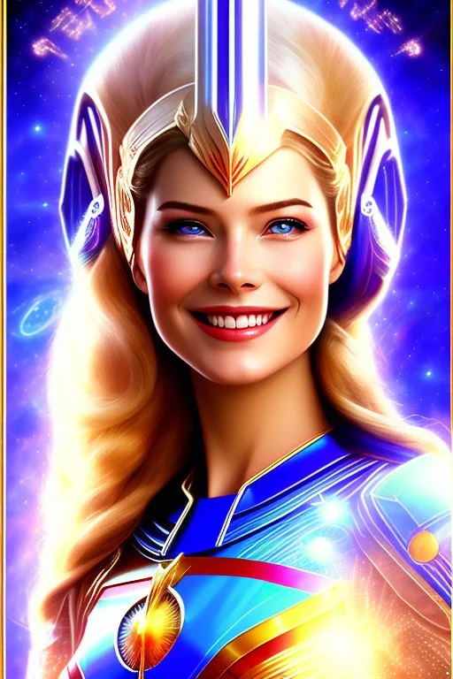 cosmic woman smile, admiral from the future, one fine whole face, crystalline skin, expressive blue eyes,rainbow, smiling lips, very nice smile, costume pleiadian, Beautiful tall woman pleiadian Galactic commander, ship, perfect datailed golden galactic suit, high rank, long blond hair, hand whit five perfect detailed finger, amazing big blue eyes, smilling mouth, high drfinition lips, cosmic happiness, bright colors, blue, pink, gold, jewels, realist, high commander