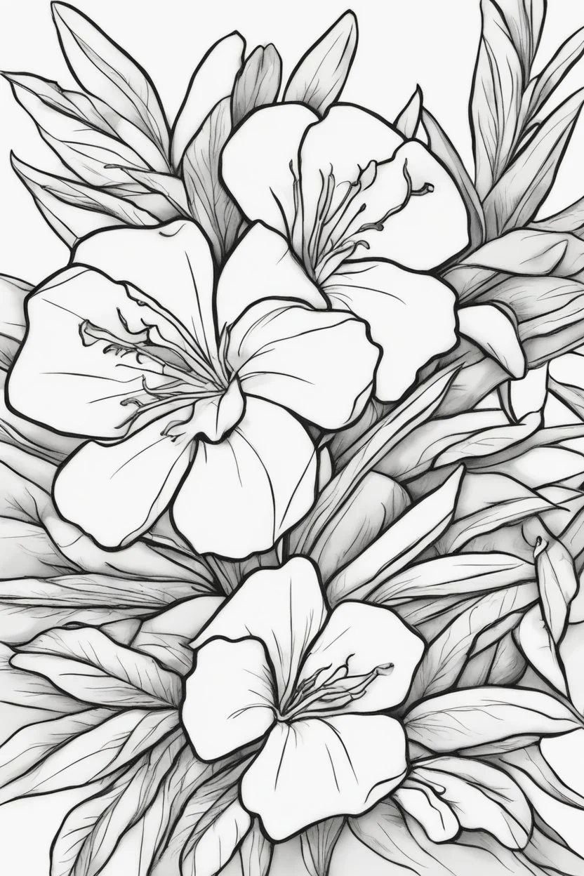 flowers coloring page for kids, oleander, cartoon style, thick outline, low details, no shading, no color