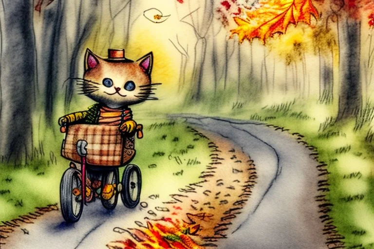 Cute little happy cat scarecrow riding a trike, forest path background, autumn, leaves swirling, waterfall, reflection, mist, sunrise, smooth intricate photorealistic hyperrealistic high definition beautiful lighting pencil sketch watercolor dramatic lighting storybook illustration polished Deep shadows deep color warm light