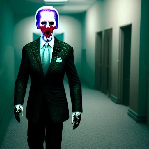 Ultra realistic image, joe biden zombie, zombie performance, skull, grey glow eyes. green blood, torn arm, night, walking twisted, waist up view, thriller style, dark ambient, highly detailed, White House background, concept art, unreal engine 5, god rays, ray tracing, RTX, lumen lighting, ultra detail, volumetric lighting, 3d, finely drawn, high definition, high resolution.