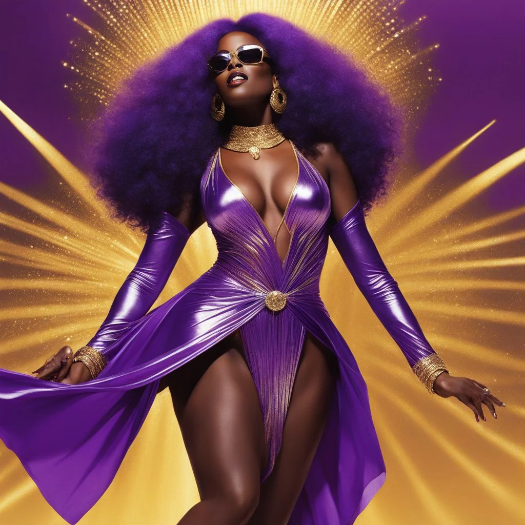 [Boney M in action] In the center, a woman dances; her violet hair flows over dark skin like amethysts. Sensual and powerful, she captivates with each graceful movement. Clad in a shimmering golden swimsuit, she embodies disco beauty.