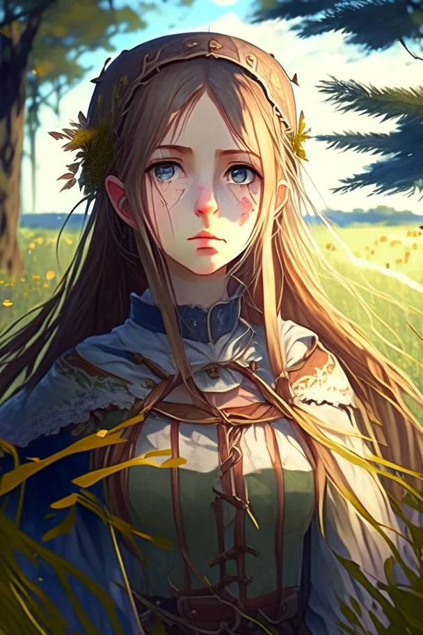 Anime, girl in medieval clothing in large field in the middle of the forest, HD, extreme detail in the face
