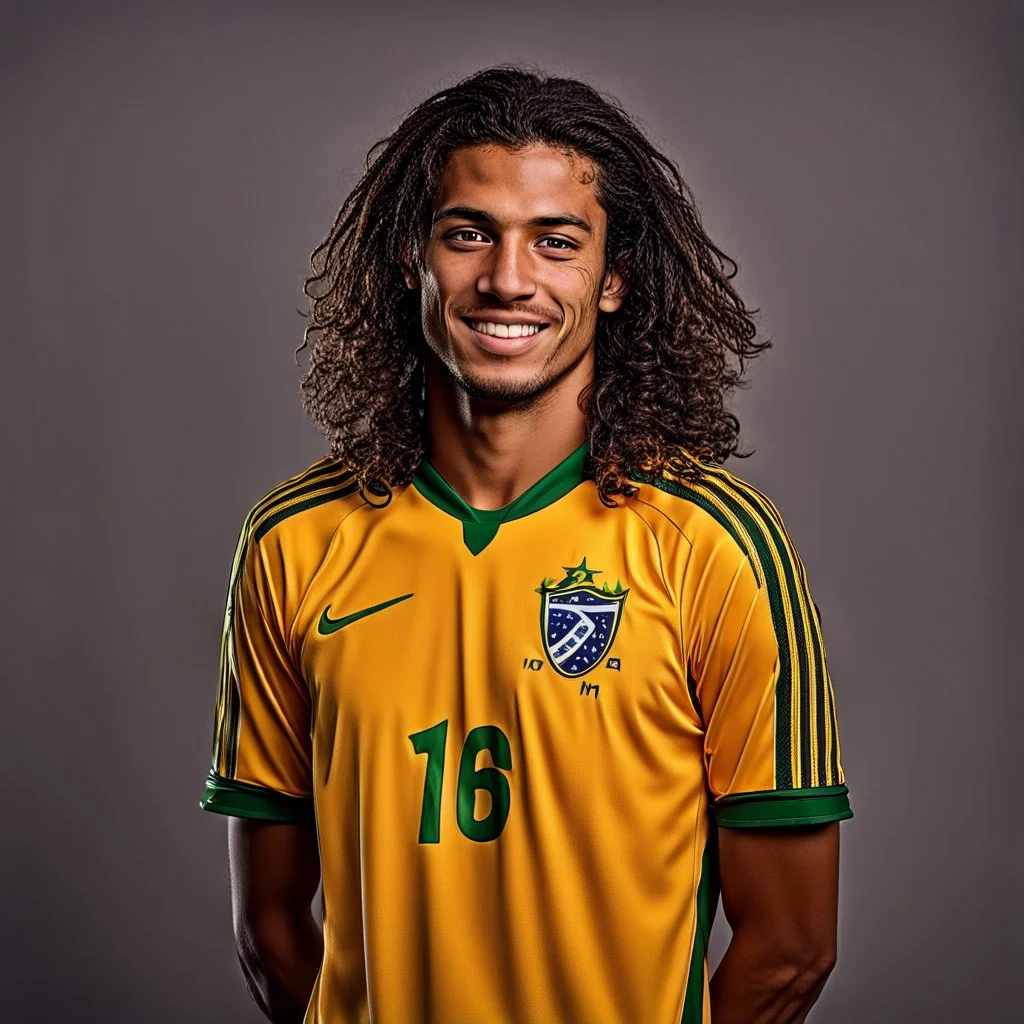 85mm DSLR color photography of a very detailed headshot fitting all of head and hair in frame. 23-year-old Brazilian soccer player, with and with no facial hair and has a with a small smile, grey background has a soft look on his face has smooth long hair