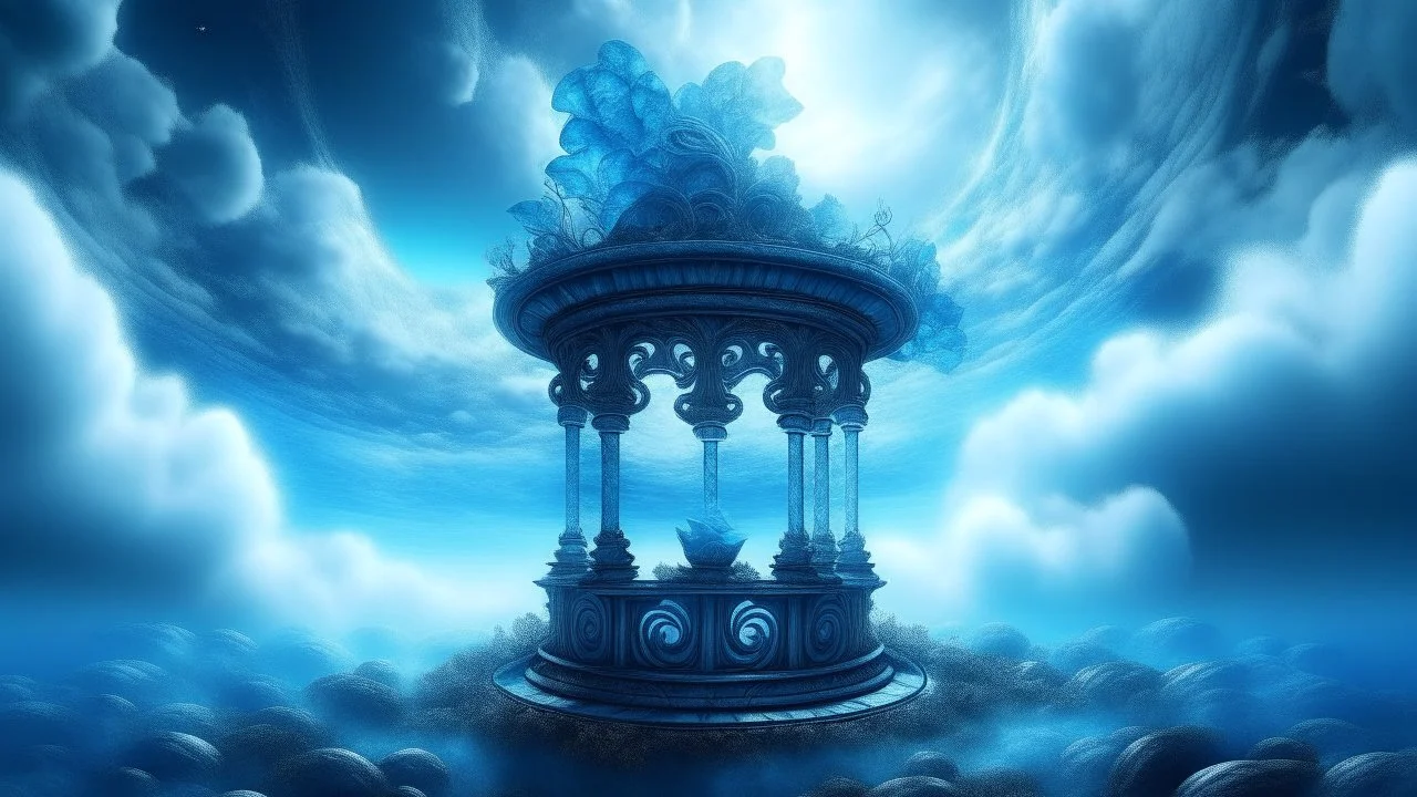 Dreamy representation of a magical bluecrytal well in the clouds