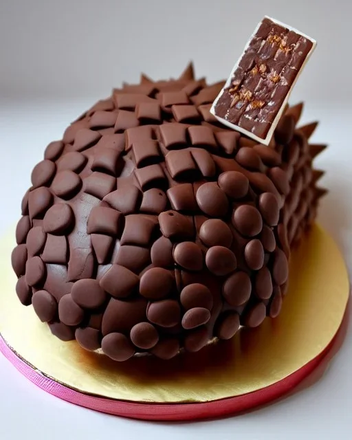 Hedgehog model made of chocolate cake with Mars bars