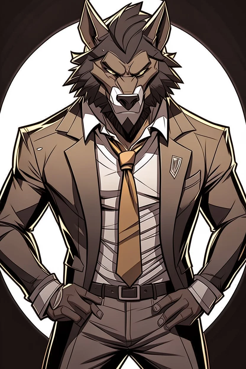 Buff, anthro, wolf, himbo, black fur, gold eyes, wearing a suit, full-body, muscles, strong, muscular, man boobs, bulky, tail, dark fur, smug grin, hands on hips,