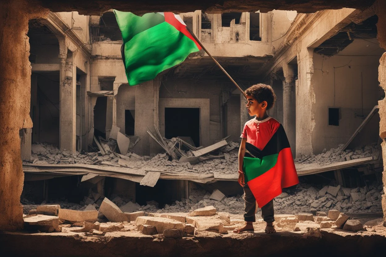 A Palestinian child in a broken building , Palestine flag, neon effect , close picture, highly detailed, high details, detailed portrait, masterpiece,ultra detailed, ultra quality