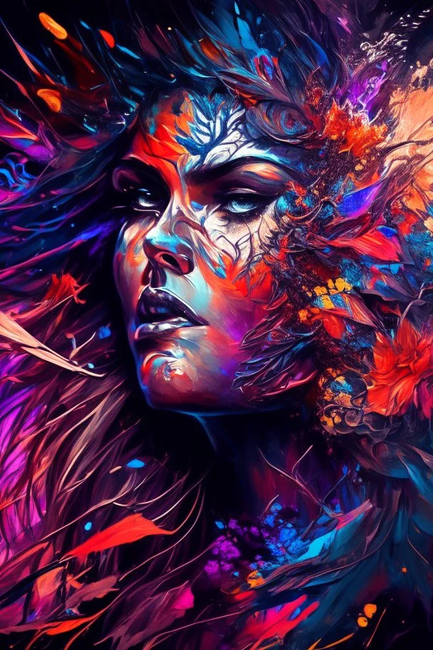 Generate a captivating digital artwork where a vivid explosion of images on a canvas bursts forth, weaving together elements of a woman, demons, tattoos, flowers, and stormy hues. Capture the essence of dynamic creativity in this abstract masterpiece."