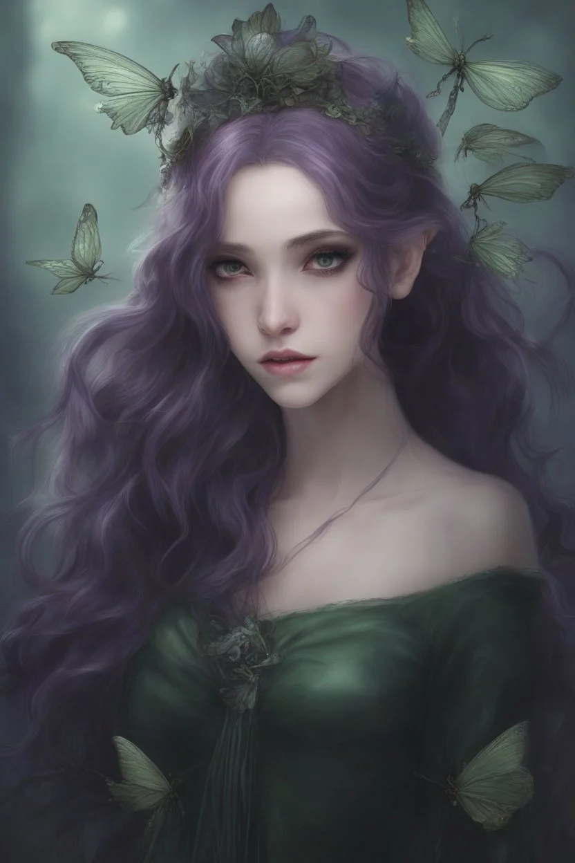 Dark green hair Water lilies long hair lotus night Fairy princess rapunzel hair queen crown dragonflies fireflies elven tiara flowers fairy wings gothic purple