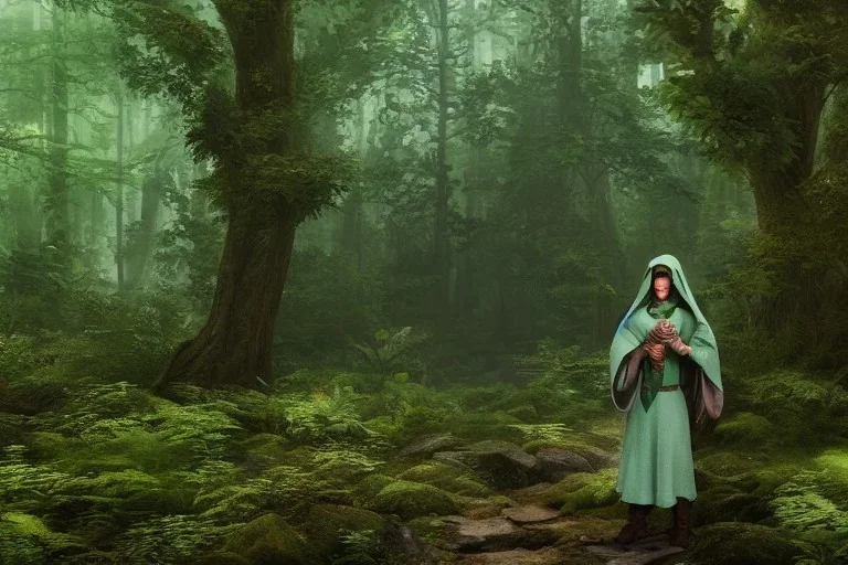 green robed elf in forest facing away, highly detailed, 8k, atmospheric lighting, trending on artstation