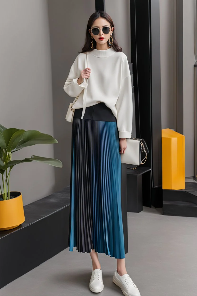 full body Spring 2024 Women's Pleated Skirt Fashion and Color,modern city scape,