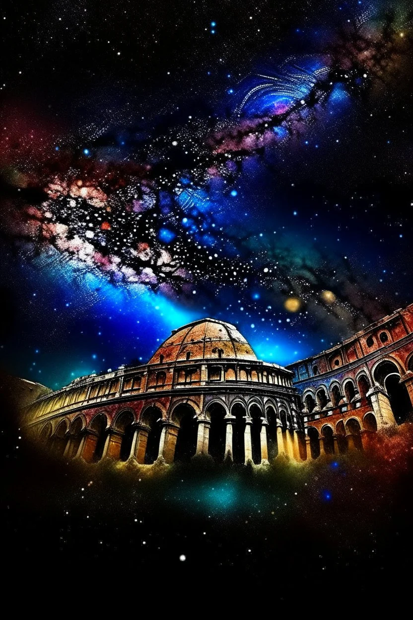 The Colosseum, in Roma City buildings at night in Abstract Fluid, Galaxy nebula